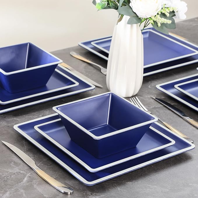 Square Melamine Dinnerware Sets Durable Square Dinner Plates and Bowls Set12-Piece Set Non-breakable Lightweight Dinner Tableware Sets Service for 4