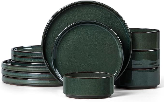 LIANYU Plates and Bowls Sets for 4 12 Piece Stoneware Dinnerware Dishes Set Ceramic Dinner Dishware for Pasta Dessert Cereal Rustic Terracotta Bottom Chip Resistant &amp Dishwasher Safe Hunter G
