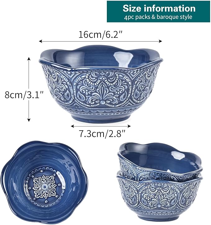 Sungmor Embossed Stoneware Fine Dining Dinnerware Antique Baroque Style Porcelain 6 Inch (20 oz) Flower Shape Bowls Set of 4 Sophisticated Ceramic Bowls for Soup Cereal Oatmeal Rice Pasta Salad