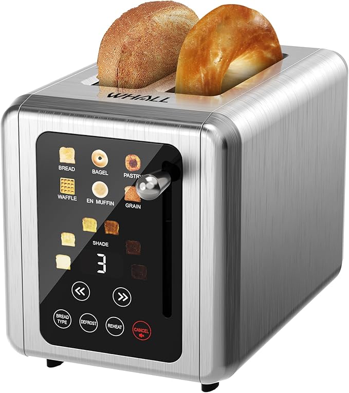 WHALL® Touch Screen Toaster 2 Slice Stainless Steel Digital Timer Toaster 6 Bread Types &amp 6 Shade Settings Smart Extra Wide Slots Toasters With Bagel Cancel Defrost Functions