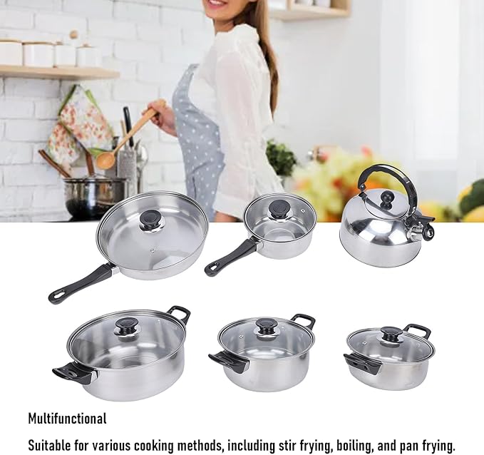 Fockety Cookware Set Stainless Steel Pots and Pans Set with Heat Proof Non Slip Handle and Glass Lids Multi Functional Sets of Pots and Pans for Cooking Frying Boiling Stewing