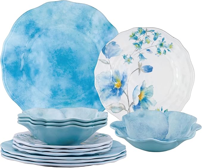 UPware 12 Piece Campanula Melamine Dinnerware Sets Outdoor Dishes Set Plates and Bowls Sets Service for 4 Sky Blue