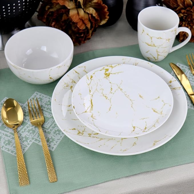 16 Piece Stoneware Dinnerware Set – Marble Pattern Dishes Dishwasher &amp Microwave Safe Tableware Service for 4 Elegant Glazed Dinner Plates and Bowls (Gold and White)