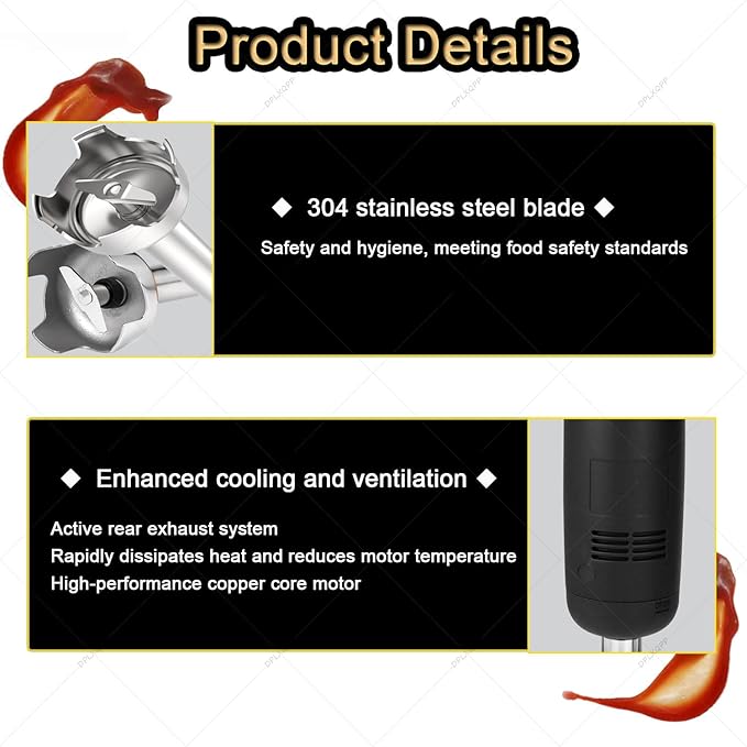 270w Commercial Hand Blender20000 Rpm Professional Immersion Blender with Pure Copper Motor for 5l Soup BucketsStainless Steel Blade for PureeWhipping Cream Addawhisk