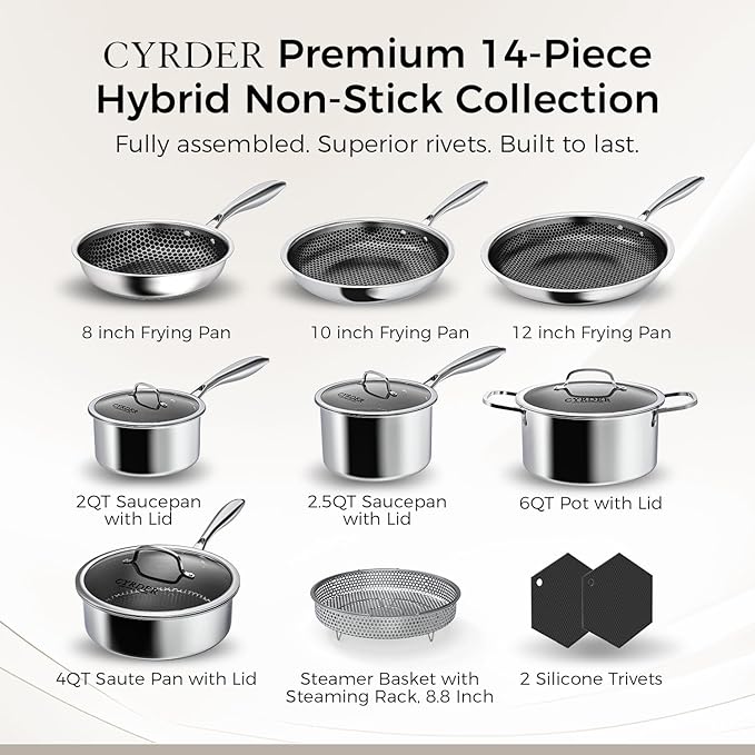 Nonstick Pots and Pans Set 14 Piece Hybrid Hex Non Stick Stainless Steel Cookware with Frying Pans Saute Pan Saucepans &amp Stock Pot - Induction Compatible Dishwasher &ampOven Safe PFOA Free