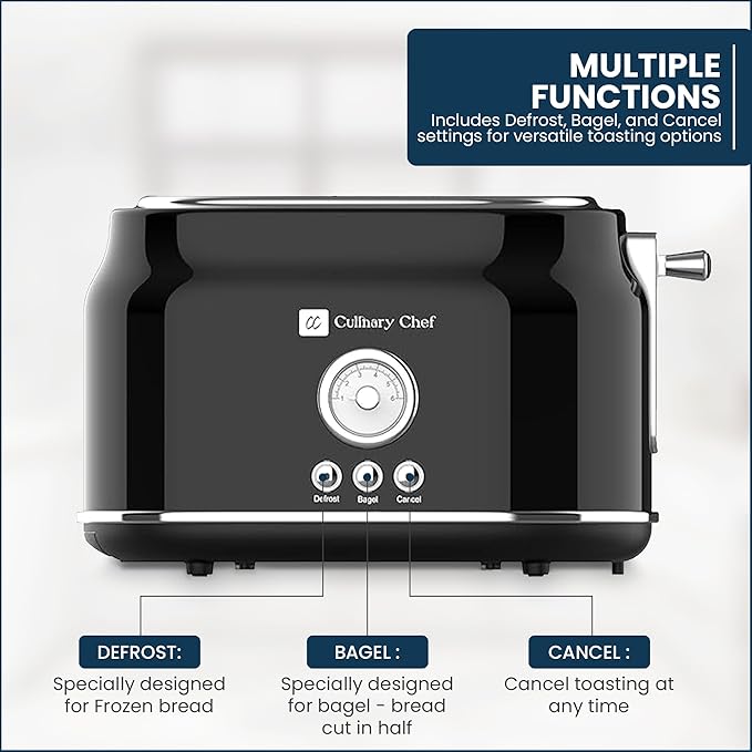 Frigidaire ETO102-WHITE 2 Slice Toaster Retro Style Wide Slot for Bread English Muffins Croissants and Bagels 5 Adjustable Toast Settings Cancel and Defrost 900w Black