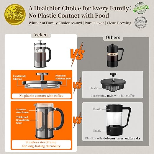 Veken French Press Coffee Maker 34oz No Plastic Touching CafeThickened Glass Stainless Steel Brewer Cold Brew Cafetera Tea pot for Kitchen Travel Camping Gifts Decor Bar Accessories Dark Pewter