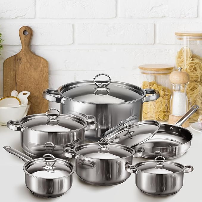 Stainless Steel Cookware Set - 15 Piece Stainless Steel Pots and Pans Set Includes 6 Pots and Pans 6 Lids and 3 Utensils Fixed Handles Induction Safe and Dishwasher Safe