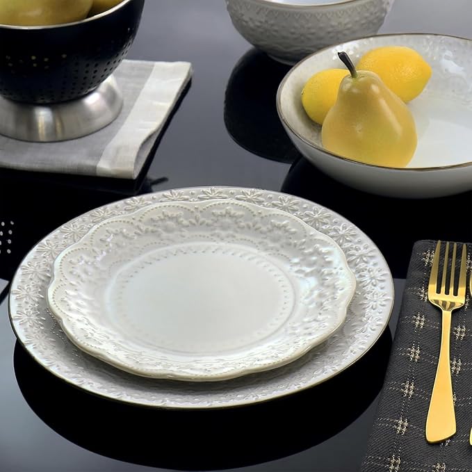 16 Piece Ivory Stoneware Dinnerware Set – Embossed Plates with Scalloped Edges and Double Bowl Design Microwave &amp Dishwasher Safe Elegant Tableware Set for 4