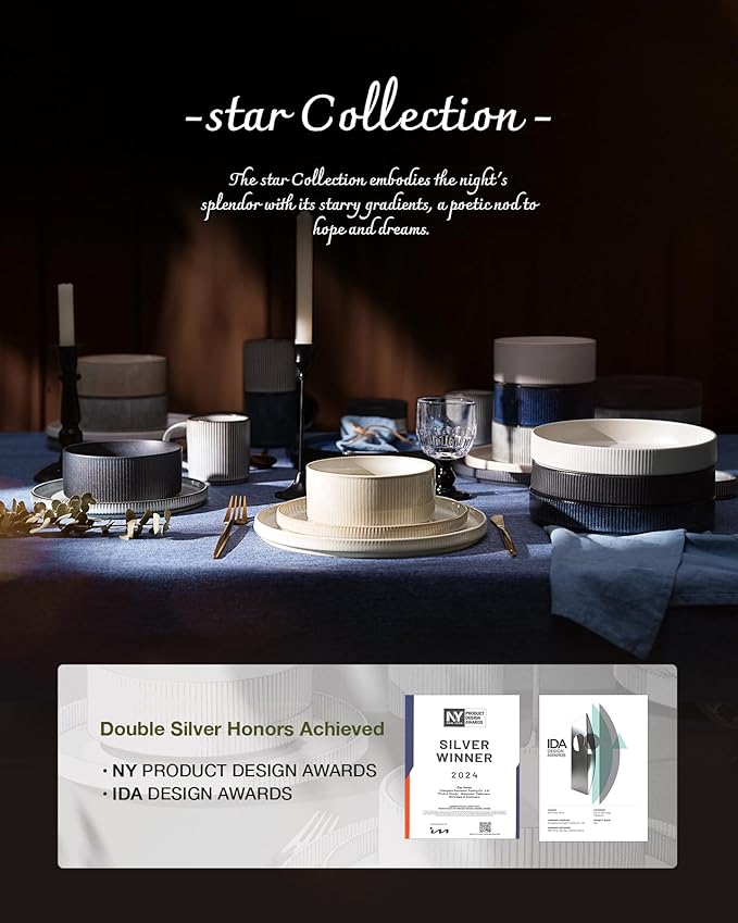 Famiware Star Dinnerware Set Plates and Bowls Sets for 4 (12pcs) Ribbed Stoneware Dishes - Chip &amp Scratch Resistant Microwave &amp Dishwasher Safe Deep Forest