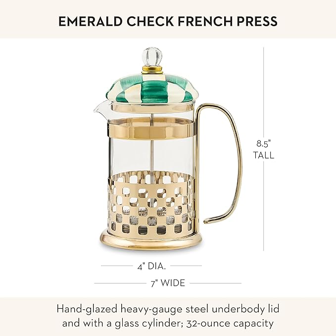 MACKENZIE-CHILDS Coffee French Press Glass French-Press Coffee Maker 32-Ounce Capacity Green-and-White Emerald Check