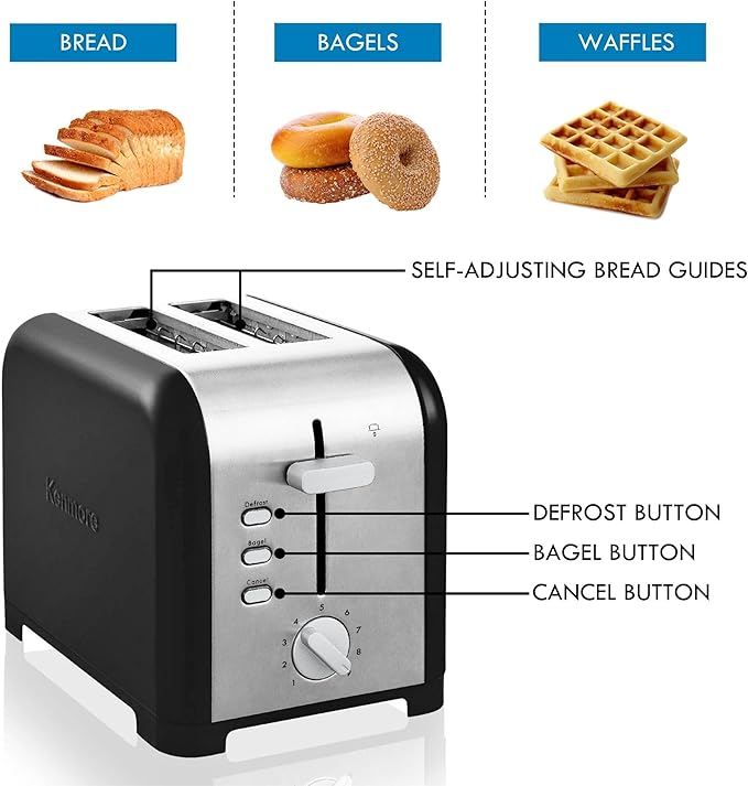 Kenmore toaster 2 slice - extra wide slot countertop kitchen appliance defrost function tostador de pan 9 shade settings compact design easy clean crumb tray bread bagel stainless steel &amp b
