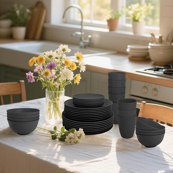 Wheat Straw Dinnerware Sets 40 PCS- Unbreakable Dishes Set for 8 Dishwasher and Microwave Safe Plates and Bowls Sets Reusable Plastic Plates Bowls Drinking Cups for Camping Party - Black