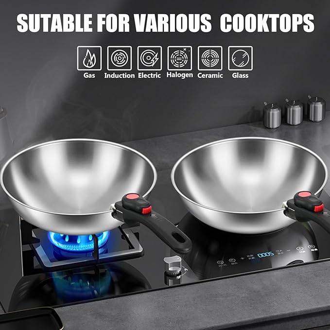 Stainless Steel Cookware Set 6pcs Wok Pots and Pans Set Non Stick with Detachable Handle Induction Cookware Set Kitchen Cooking Sets RV/Camping Cookware Dishwasher &amp Oven Safe6pcs