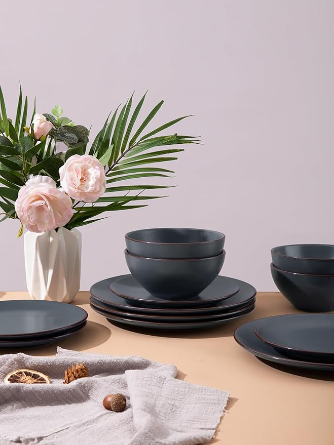 Famiware Venus Plates and Bowls Sets with Coffee Mugs Set 18 Pieces Stoneware Dinnerware Sets Charcoal