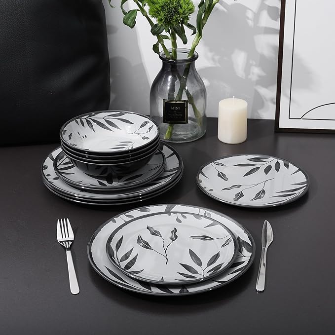 12pcs Melamine Dinnerware Set - Service for 4 Melamine Plates and Bowls Set Unbreakable Dinner Salad Dessert Plate Cereal Bowl Set for Indoor/Outdoor Gray Leaf