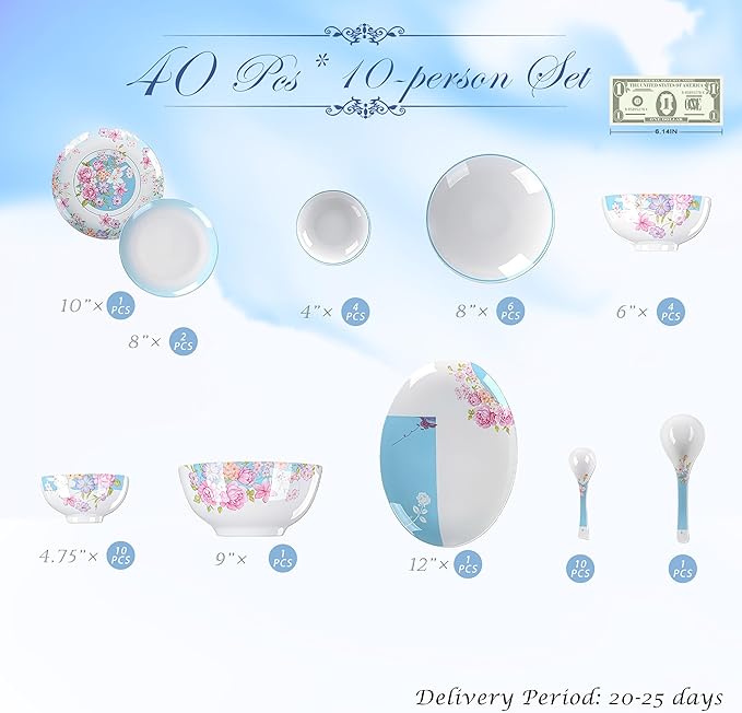 40 Pcs Fine Bone China Dinnerware Set Porcelain &amp Ceramic Dinnerware Sets Bone Stoneware &amp Ceramic Cookware Tableware Set Includes Dinner Plates|Spoons|Pasta Bowls|Soup Pot|Chopsticks