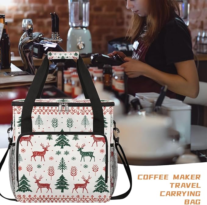 Christmas (736) Coffee Maker Carring Bag Travel Carrying Storage Tote Bag Compatible with Keurig K-Mini or K-Mini Plus Portable Single Serve Coffee Brewer Case with Pockets for K-cup Pods