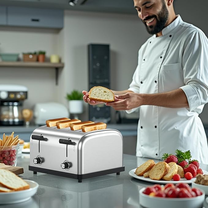 1800W Commercial Grade 4-Slice Pop Up Toaster -Stainless Steel 6-Browning Settings for Bread with Removable Crumb Tray for Bagel Bread English Muffins Waffles (Commercial &amp Home Use)
