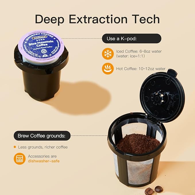 Mini Hot and Iced Coffee Maker Single Serve for K Cup and Ground 6 to 14 Oz Brew Sizes with Recipe Book for Home Travel RV Office and Dorm Violet