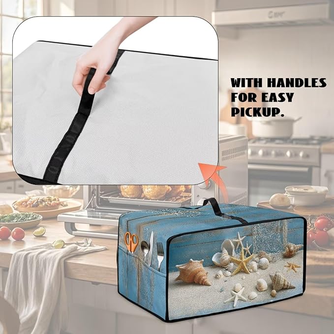 Toaster Oven Dust Cover Starfish Shell Wood Print Bread Maker Cover Machine Washable Kitchen Small Appliance Protector with Side Pockets Kitchen Decorations M