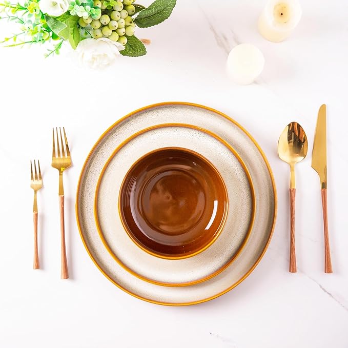 LERATIO Ceramic Dinnerware Sets for 8Plates and Bowls SetsReactive Glaze Dishes SetHighly Chip and Crack Resistant | Dishwasher &amp Microwave &amp Oven Safe Dishes setService for 8-Kahki (24pc)