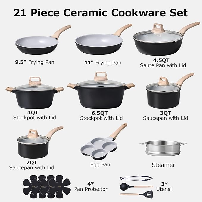CAROTE 21pcs Pots and Pans Set Nonstick Cookware Set Black Induction Kitchen Cooking Set w/Frying Pans &amp Saucepans(PFOS PFOA Free)