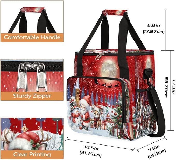 Merry Christmas Snow Scene Santa Coffee Maker Carring Bag Travel Carrying Storage Tote Bag Compatible with Keurig K-Mini or K-Mini Plus Portable Single Serve Coffee Brewer Case with Pockets