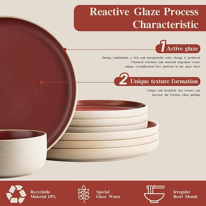 12 Pieces Dinnerware SetsPlates and Bowls SetsHandmade Reactive Glaze Dishes Set for 4 with at Least 10% Recycled Ceramic and the Raw Texture of the Clay (Angora Red)