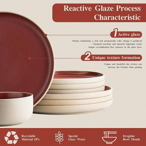 12 Pieces Dinnerware SetsPlates and Bowls SetsHandmade Reactive Glaze Dishes Set for 4 with at Least 10% Recycled Ceramic and the Raw Texture of the Clay (Angora Red)