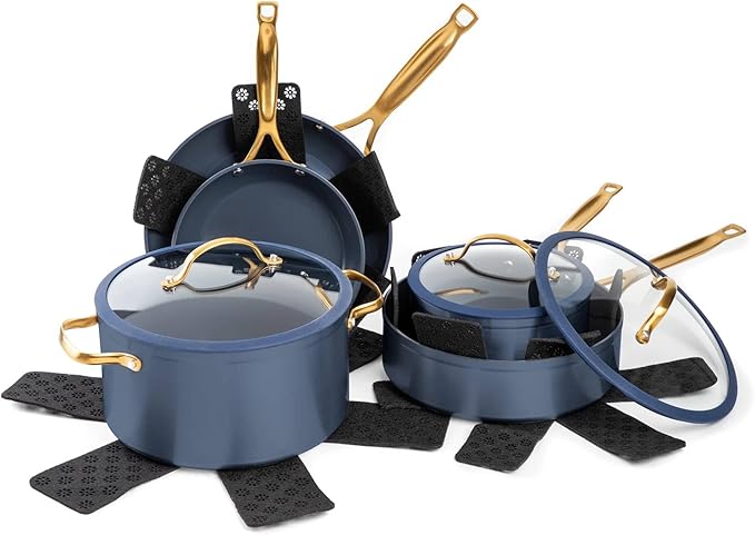 12-Piece Non-Stick Aluminum Cookware Set with Induction Base Oven Safe Black Finish (Blue &amp Gold)