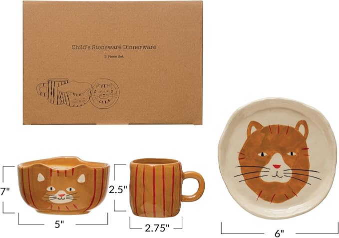Creative Co-Op Child's Stoneware Dinnerware with Painted Cats Boxed Set of 3 Pieces Plate Set Multi