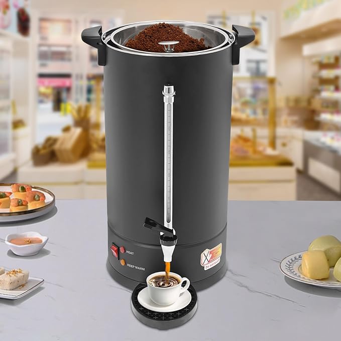 25L Stainless Steel Coffee Urn Hot Water Dispenser Commercial Electric Brewer with Drip Tray No Temp Dial Black Party Catering Church Office Cafeteria Percolator Maker 100-Cup Spigot Tap