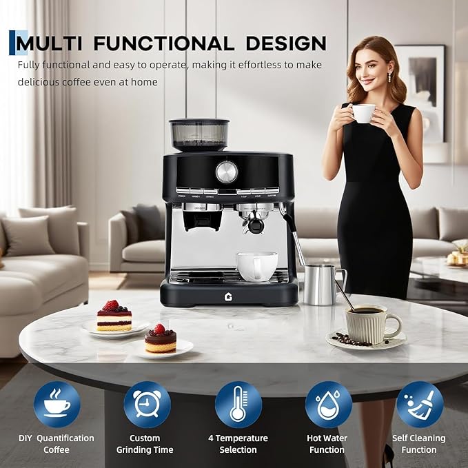 20 Bar Pressure Stainless Steel Espresso Machine with Grinder 1.5l Removable Water Tank Milk Frother Steam Wand for Latte and Cappuccino Adjustable Shot VolumeBlack