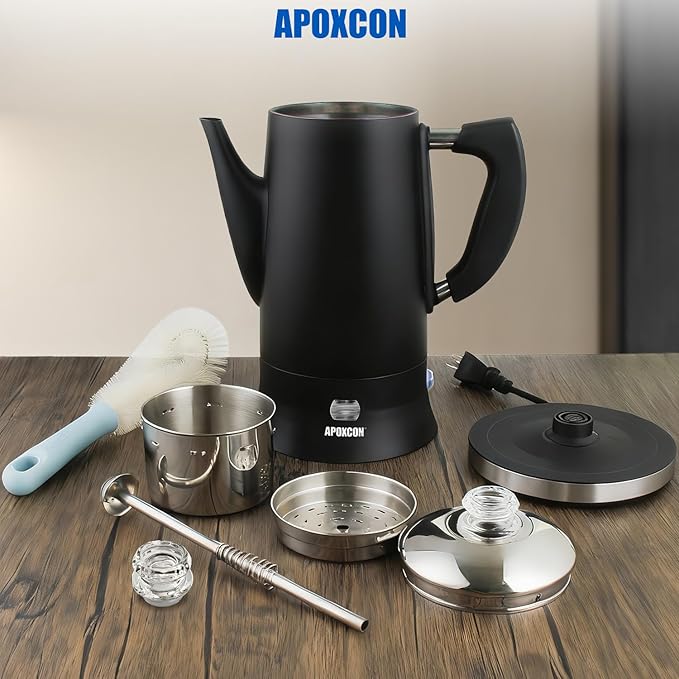 Electric Coffee Percolator Stainless Steel Coffee Maker with Clear Brew Progress Tough Glass Knob Keep Warm On/OFF Switch Cordless Serve Classic Coffee Pot No Aluminum Black 12 Cup