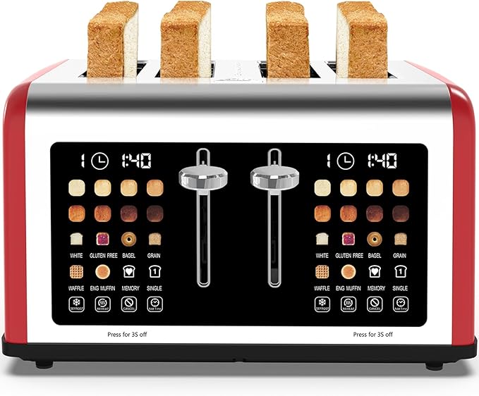4 Slice Toaster Touch Screen Stainless Steel Toasters Digital Timer Dual Control Panel Toasters 8 Shade Settings 6 Bread Types for Bagel Cancel Defrost 1650W Red