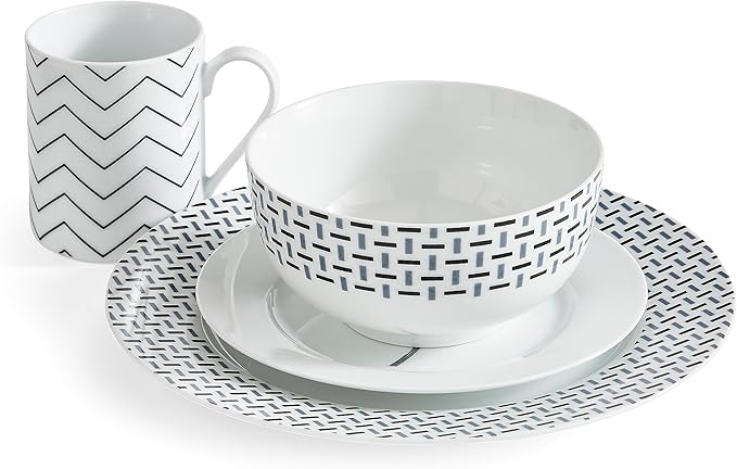 Portmeirion Home Stella 16 Piece Set - Monochrome Porcelain Dinnerware Collection with Patterned Borders Mix &amp Match Designs - Ideal for Family Dining Casual Entertaining &amp Modern Table Sett