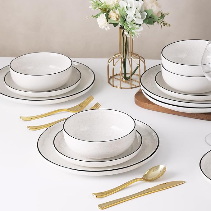 Plates and Bowls Sets for 412 Pieces Ceramic Dish set White Dinnerware Set for Kitchen Modern Design Plate Sets with Black Rim Microwave and Dishwasher Safe