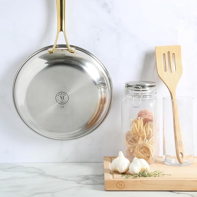 Martha Stewart Castelle 12-Inch Stainless Steel Frying Pan with Gold-Tone Handle – Tri-Ply Encapsulated Bottom Oven Safe &amp Induction Safe Skillet for Searing and Sautéing