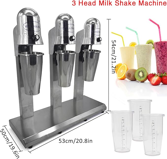 DNYSYSJ Electric Milk Shaking Machine Maker Commercial Stainless Steel Triple Heads Drink Mixer with 6 cups (3 stainless steel cup+ 3 PC cup)110v 18000RMP