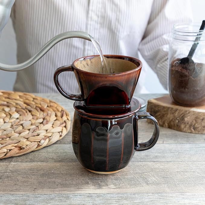 Asayu Japan Ceramic Coffee Pour Over Maker Set in Chocolate Brown Slow Brewing Paper Filter Holder and Dripper with 3 Holes for Coffee and Tea (Accessory Ceramic Mug)