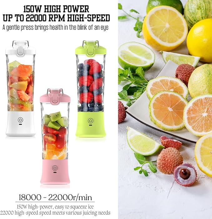 Portable Juicer Blender 20oz/600ml Smoothie Maker with 6 Blades USB-C Rechargeable 4000mAh Battery Multi-Purpose Travel Blender for Smoothies Shakes and Juices (Fluorescent Yellow)