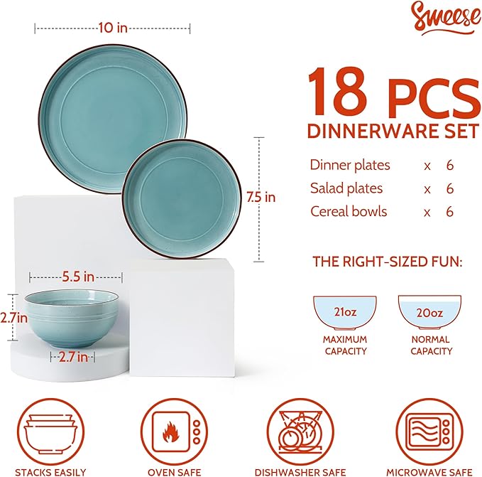 Sweese Plates and Bowls Sets Porcelain Dinnerware Sets for 6 18 pcs Handcrafted Glaze Embossed Dinner Set Scratch Resistant Dishware Dishwasher Oven Microwave Safe Ceramic Dish Set Gradient Blue