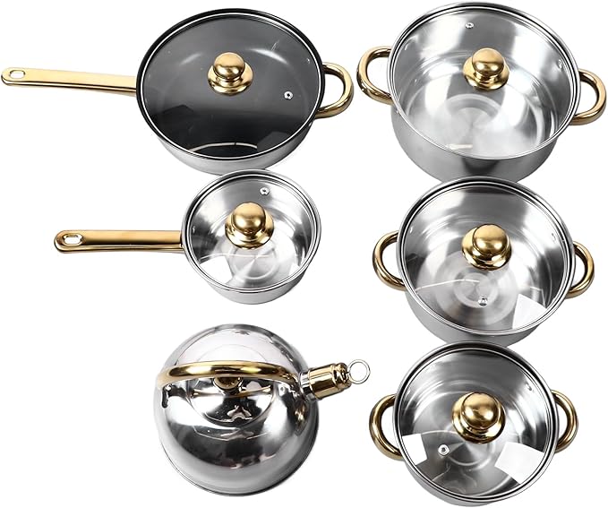 Stainless Steel Kitchen Pots Set 12pcs Pots and Pans Set Multiple Sizes Heat Suitable for All Cooktops Easy to Cookware for Home Cooking