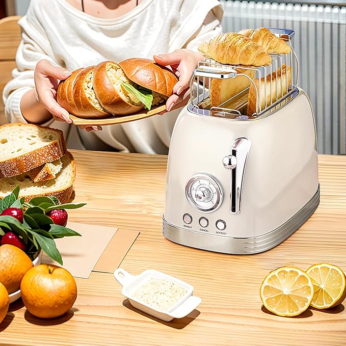 Beige Cute Retro Toaster 2 Slice with 1.58 Wide Slots Bread toaster with Cover and Warm Rack Stainless Steel Toasters with Removable Crumb Tray Preheat Defrost Cancel Function (Cream)