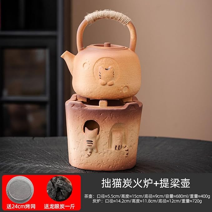 Thcbme 围炉煮茶家用室内全套烤茶罐罐茶煮茶器茶壶煮茶炉炭炉/Ceramic Dinnerware SetsPlates and Bowls/拙猫炭火炉 萌猫提梁壶