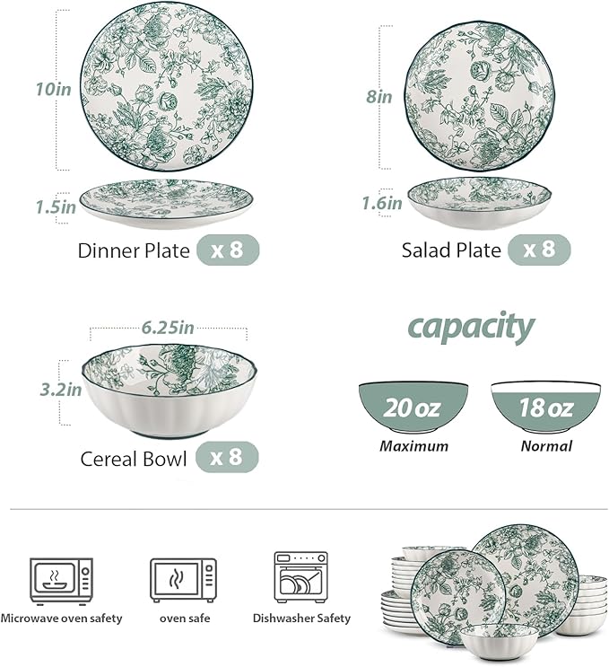 24-Piece Dinnerware Set Service 8 Porcelain Plates and Bowls Set Vintage Green Rose Scalloped Edge French Country Aesthetic Microwave Dishwasher Safe