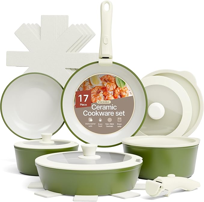 Bakken 17-Piece Ceramic Coated Aluminum Cookware Set Nonstick Pots and Pans with Lids Silicone Cooking Utensils &amp Oven Mitts All Stovetop Safe Up To 500°F PTFE &amp PFAS Free Dishwasher Safe