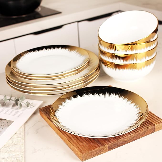 Dinnerware Sets(12Pcs) Serves for 4 Modern Dinnerware Gilded Edge Plates and Bowls Set with 8.3Small Plate 10.2dinner Plate 6.1Soup bowl apply Indoor Outdoor (Gilded set)