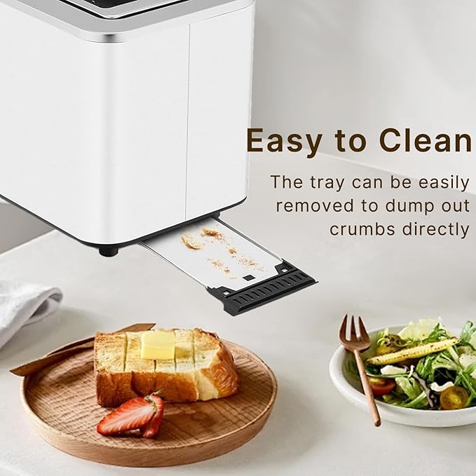 2-Slice Toaster with Touch Control 6 Shade Settings &amp 6 Bread Type 900W Removable Crumb Tray Countdown Display Smart Stainless Steel Design White